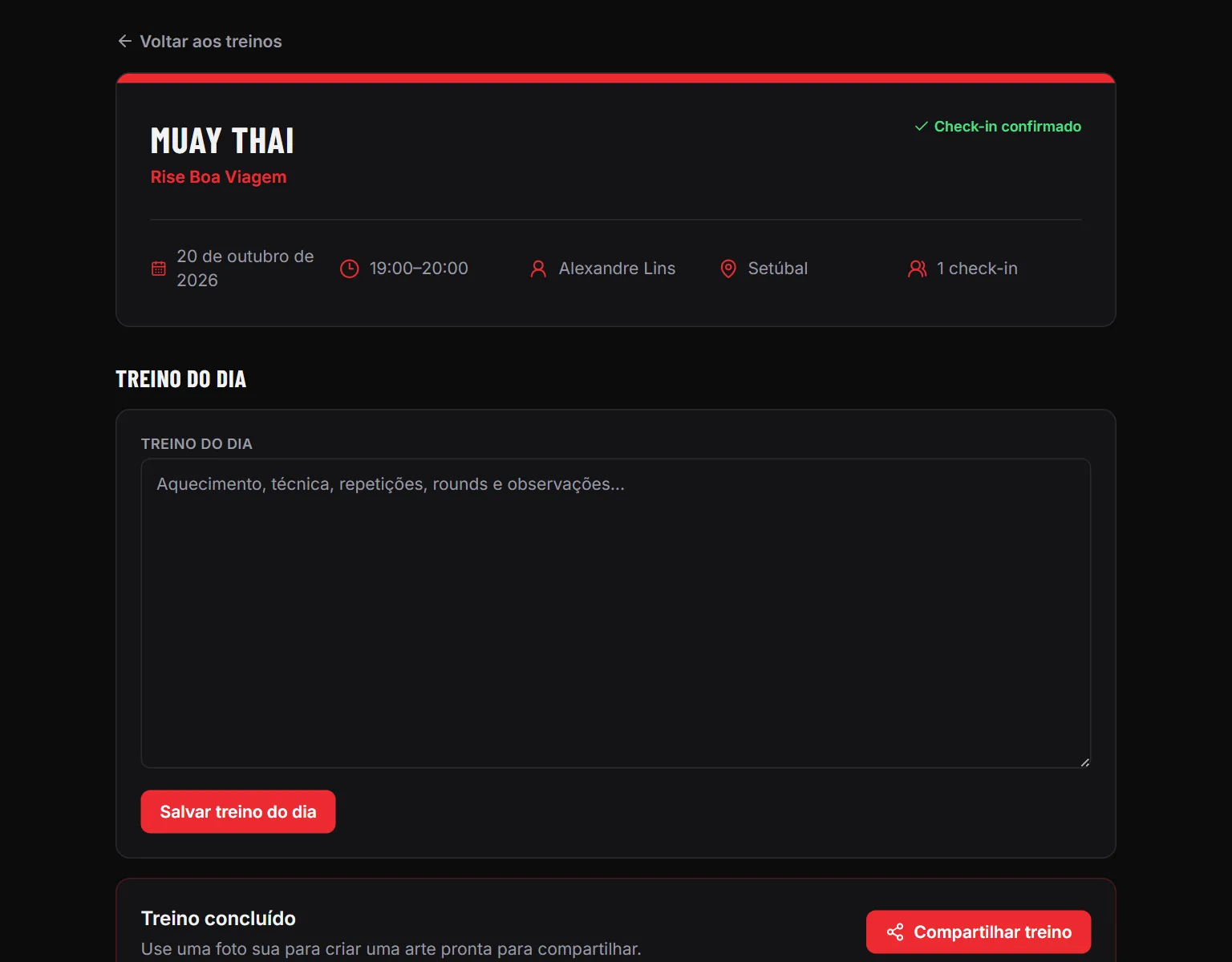 Página de uma aula com presença e treino do dia
